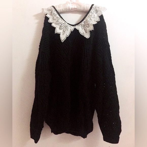 Vintage Sweaters - 💖 Vintage Navy Blue Lace Collar Open Weave Sweater Dollcore Goth